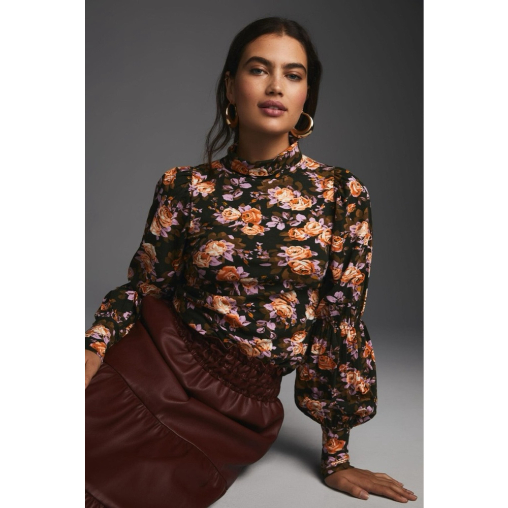 Anthropologie Floral Tiered-Sleeve
Turtleneck Blouse - Picture 2 of 15